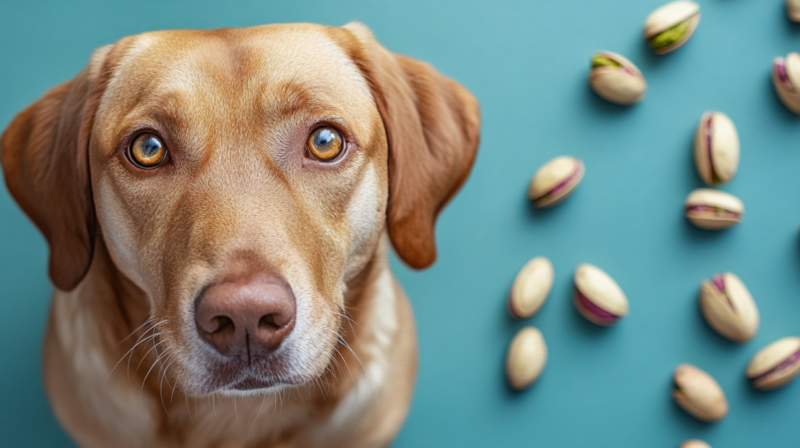 Brown Dog Staring at The Camera with Pistachios Scattered Around on A Blue Background