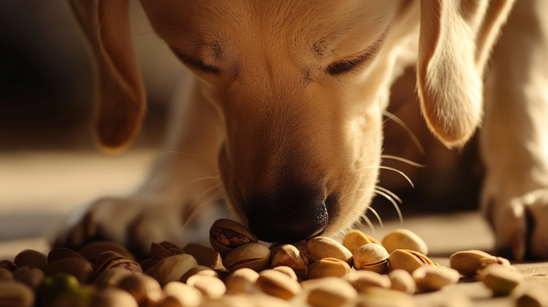 Dog Sniffing a Pile of Pistachios Scattered on The Floor