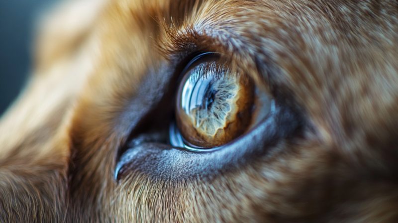 Close-Up Image of A Dog's Eye Reflecting Intricate Details and Vibrant Colors, Highlighting the Texture and Depth of The Iris