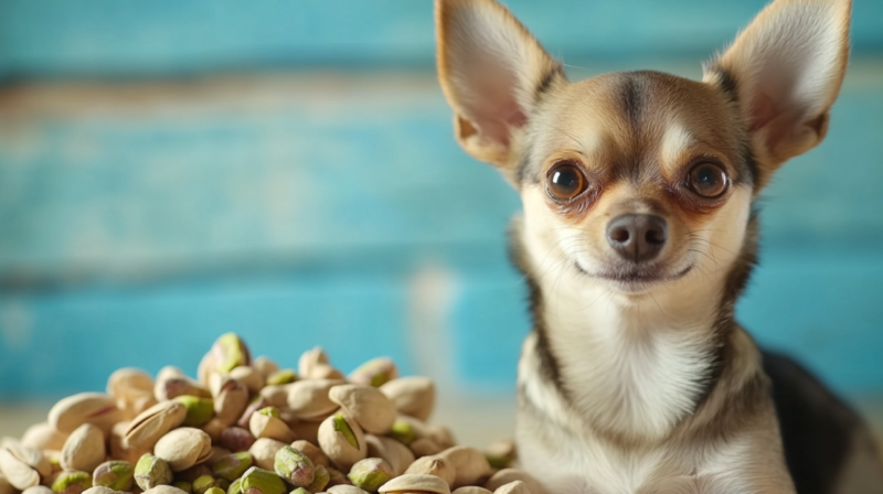 Small Dog Sitting Next to A Pile of Pistachios