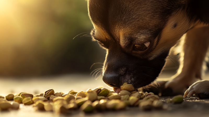 Small Dog Sniffing a Pile of Pistachios Scattered on The Ground