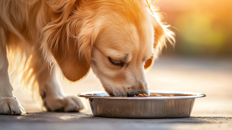 Golden Retriever Eating from A Stainless Steel Bowl Outdoors