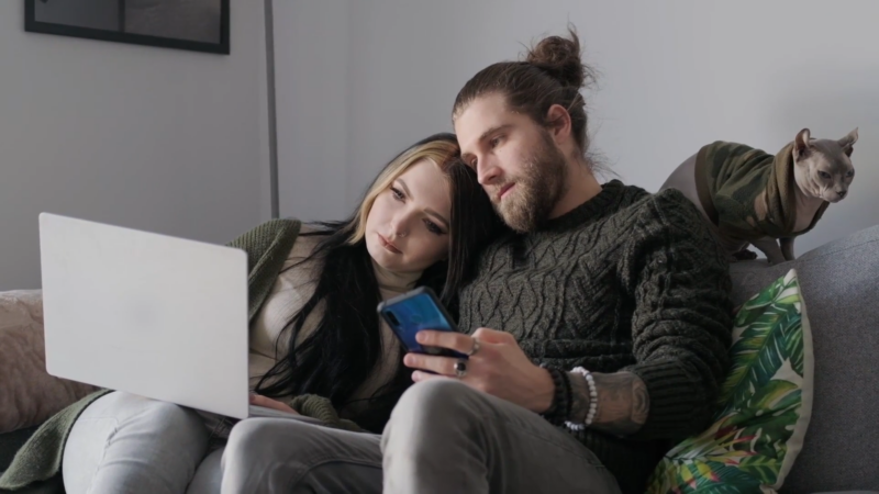 A Couple Relaxes on The Couch, Browsing a Laptop and Phone Together, with A Hairless Cat Nearby